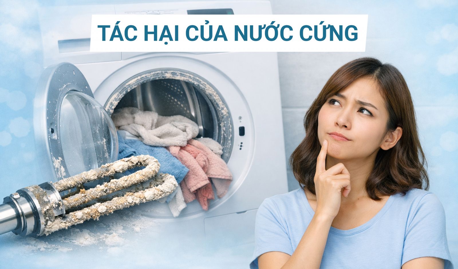Một trong những tác hại của nước cứng trong cuộc sống là làm tắc nghẽn đường ống thiết bị máy giặt
